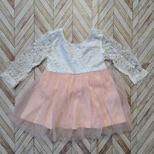 Boho Flower Girl Dress White Lace & Blush Pink Tulle Long Sleeve Rustic Wedding